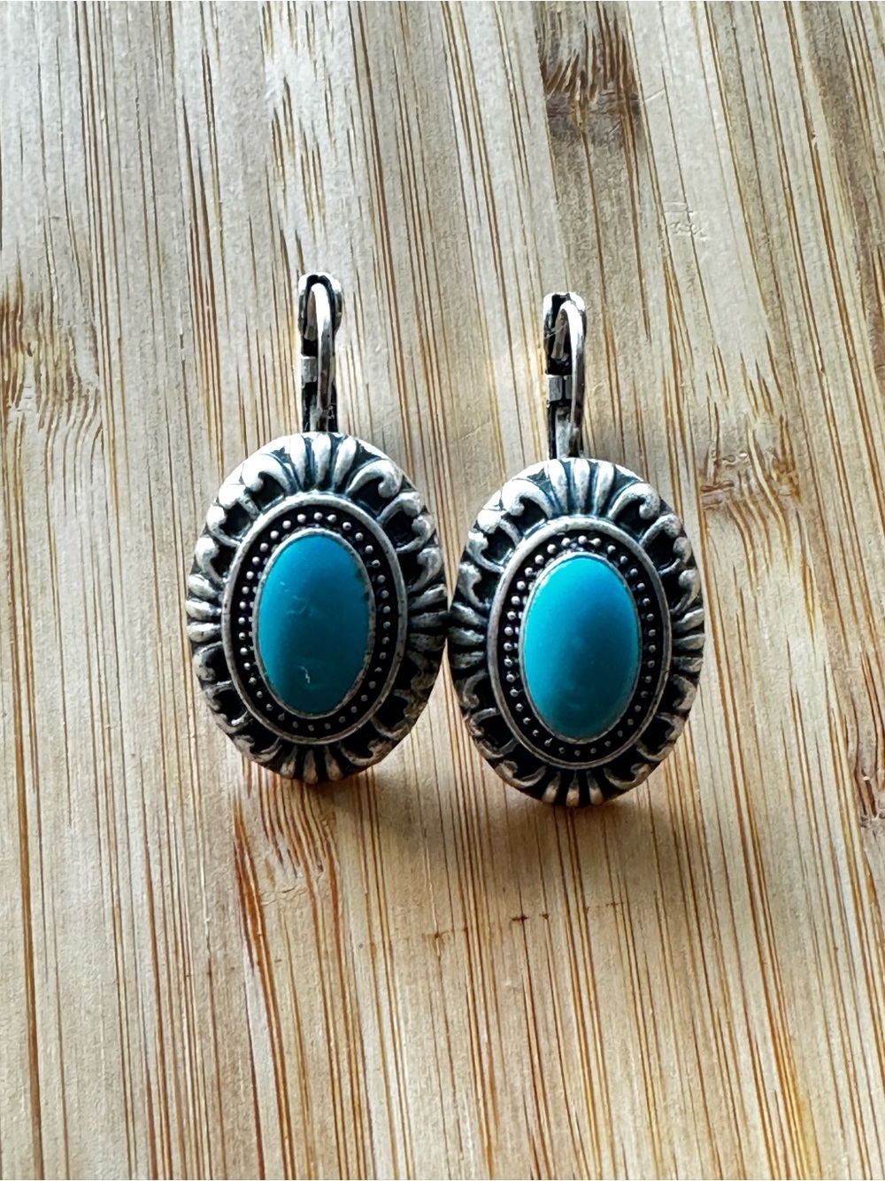 Turquoise Stone Silver tone  Oval Drop Earrings Boho
